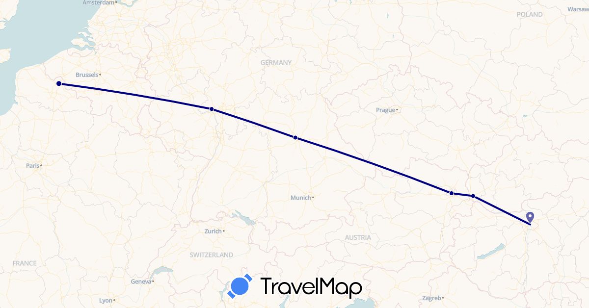 TravelMap itinerary: driving in Austria, Germany, France, Hungary, Slovakia (Europe)